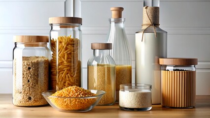Variety of dry goods displayed in glass containers on a wooden kitchen countertop during daylight