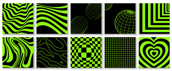 Rave psychedelic acid dripping poster, cards banner background set. surreal geometric shapes, waves, strps abstract on neon dark green  patterns in trendy style vector.