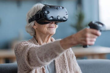 Elderly woman engaging in remote physical therapy session via holographic coach 