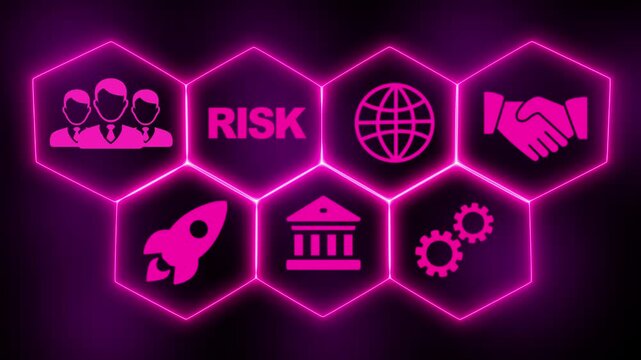 Glowing Neon A risk concept button on a visual display. Hi tech motion graphic background, white flickering dots on dark background .