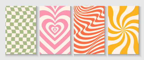 Groovy hippie 70s poster, cards, banner backgrounds. Waves, swirl, twirl pattern. Twisted, Y2k texture seamless patterns with cute colours in trendy retro trippy style. Lilac, pink, orange and green.