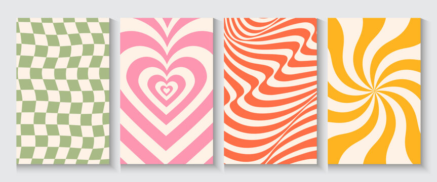 Groovy hippie 70s poster, cards, banner backgrounds. Waves, swirl, twirl pattern. Twisted, Y2k texture seamless patterns with cute colours in trendy retro trippy style. Lilac, pink, orange and green.