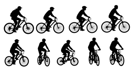 Obraz premium Silhouette illustration showing a group of people riding bicycles on a white isolated background
