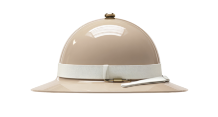 Beige safari helmet, profile view.  White band around crown.  Shiny surface.  A  classic,  protective headwear