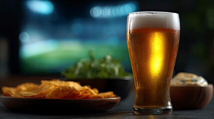 A tall beer glass sits beside bowls of chips and dip a TV shows a blurry scene
