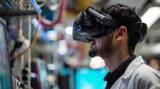 A scientist peers into a virtual world using a virtual reality headset in a laboratory setting. - Powered by Adobe