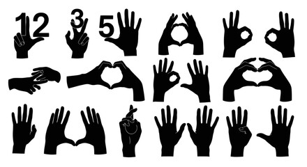 A collection of black hand silhouettes forming numbers, shapes, and gestures on a white background