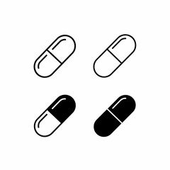Four capsule icons in black and white outline and filled designs, showing pharmaceutical medication.