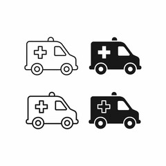 Four simple ambulance icons: outline, filled, black, and white variations.