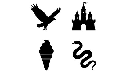 Fototapeta premium Set of icons including eagle, castle, ice cream, and snake isolated on white background