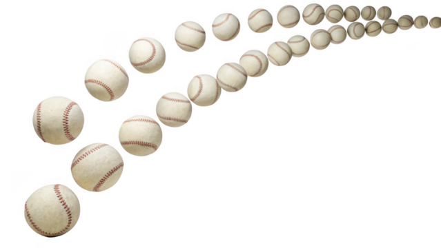 Sequence of baseball motion showing trajectory and spin isolated on transparent background