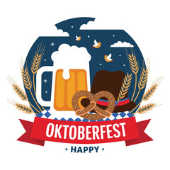 Oktoberfest Beer Pretzel Hat Flat Vector Illustration