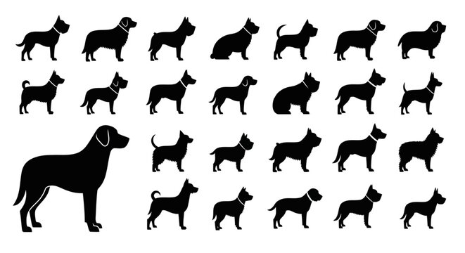 Dog Breed Silhouettes: A comprehensive array of dog silhouettes, showcasing a variety of breeds in elegant, minimalist designs for various creative projects.