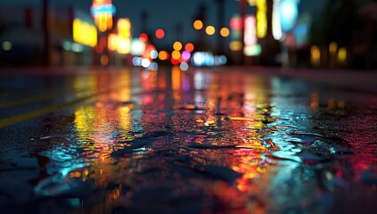 Wet city street at night reflecting colorful lights