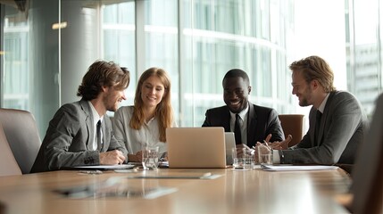 Obraz premium Image of a group of people meeting around a table with natural light streaming through the glass.