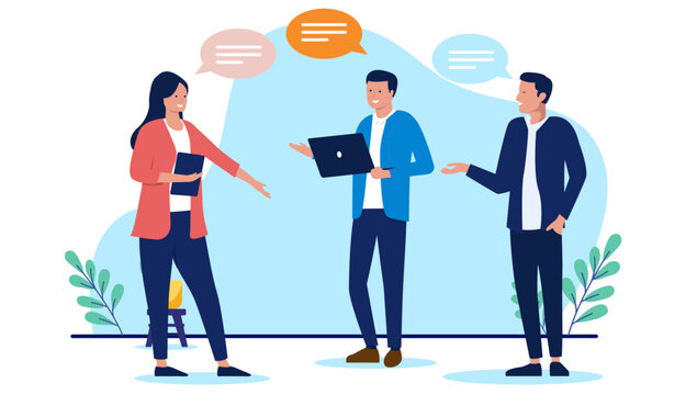 Three business people having a discussion or a casual stand up meeting at work, communicating and exchanging ideas, a corporate team collaboration in flat design vector illustration