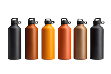 A set of solid color water bottles, in dark blue and orange styles, minimalism, dark green and beige style, minimalist  isolated on a transparent background in PNG format.