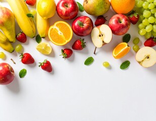 A bright fruit arrangement with bananas, apples, grapes, strawberries, lemons, and oranges scattered on a white surface