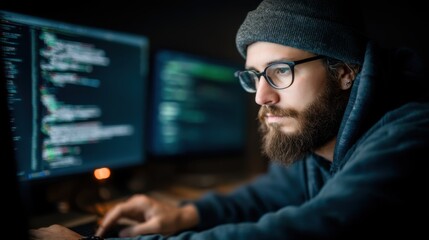Focused programmer debugging code in modern workspace tech hub digital environment close-up view concentration on coding