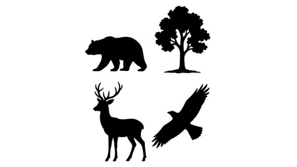 Collection of wildlife icons including bear, deer, tree, and eagle isolated on white background