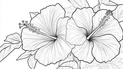 Black and white line art of hibiscus flowers.