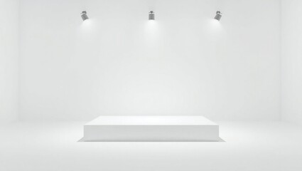 Empty white exhibition podium with spotlights in a modern gallery