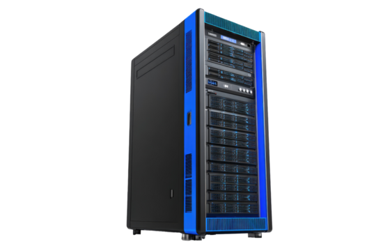 A black server tower with vibrant blue accents
