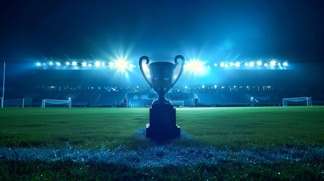 A soccer tournament is about to begin. The field is lit up with bright lights, and there is a soccer cup in the center. This is the final game of the championship, and the teams are ready. - Powered by Adobe
