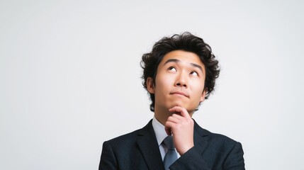 A man in a suit is looking up at the camera with a puzzled expression on his face. He is wearing a tie and he is deep in thought