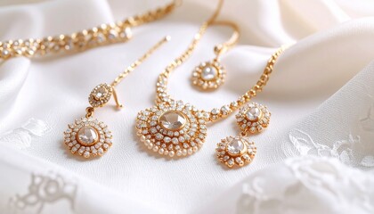 Exquisite traditional gold jewelry set with a matching necklace and earrings displayed on a luxurious white satin background.
