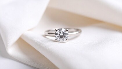 Elegant solitaire diamond engagement ring with a brilliant cut gemstone resting on a soft white silk background.