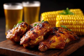 A wooden board with grilled chicken wings garnished with parsley Two glasses of beer and corn cobs are visible in the background