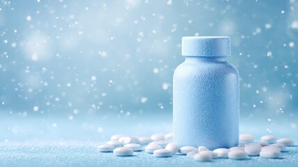 Minimalist light blue medicine bottle with frosted texture, surrounded by scattered white tablets and falling snowflakes, ideal for healthcare branding and winter wellness campaigns

