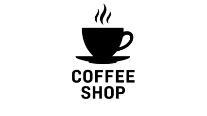 Coffee shop logo with a steaming cup and saucer isolated on white background