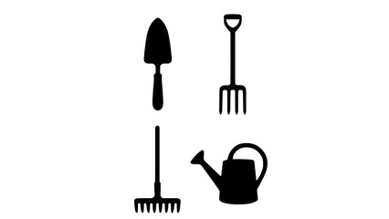 Gardening tools trowel, rake, fork, and watering can isolated on white background