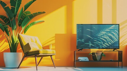 A stylish room with a TV resting on a table, a leafy plant, and a comfy chair beside a bright wall.