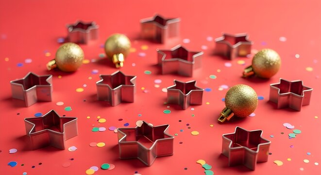 Festive arrangement of star shaped cookie cutters, golden ornaments, and confetti on red background