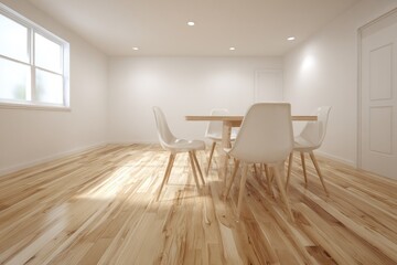 Bright minimalist dining room with hardwood floors and sunlight streaming through a window
