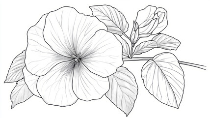 Black and white hibiscus line drawing with leaves.