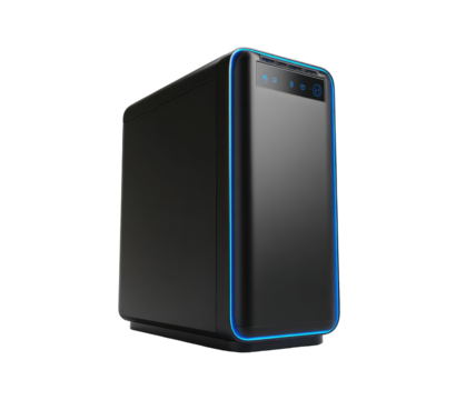 Modern, dark gray computer case with a light blue accent.  The case has a sleek, rounded design and subtle lighting accents the edges