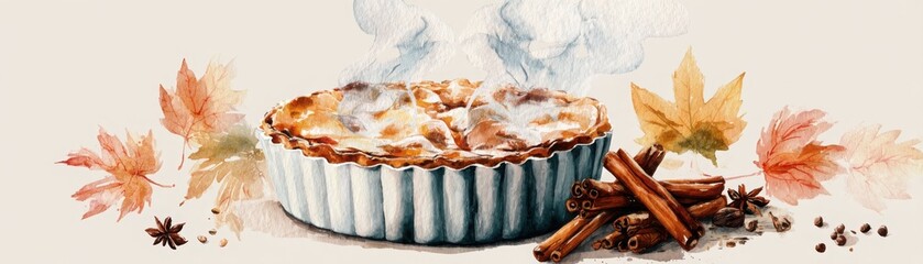 A steaming, freshly baked pie surrounded by autumn leaves, cinnamon sticks, and spices, evoking a cozy fall atmosphere.