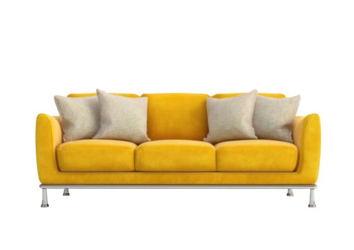 Bright yellow three-seater sofa with cream pillows - Powered by Adobe