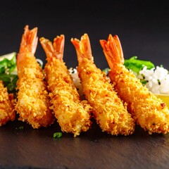 Crispy fried shrimp on a dark plate