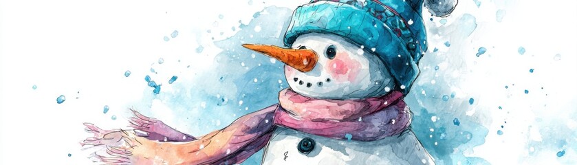 Watercolor illustration of a smiling snowman wearing a blue knit hat and pink scarf, surrounded by falling snowflakes on a light blue background.
