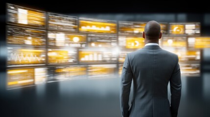 Data analyst reviewing interactive dashboards corporate office digital display modern environment dynamic perspective