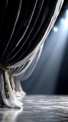 Dramatic stage curtains lit by a single spotlight with waiting for the show.