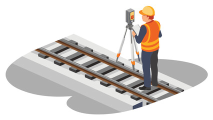 Surveyor inspecting railroad tracks with surveying equipment and safety gear on a concrete base rail line