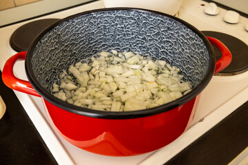 Sautéing onions for a traditional mushroom stew