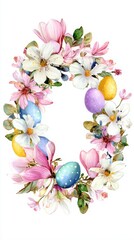 A delicate, colorful Easter wreath featuring pastel eggs, white and pink flowers, and lush green foliage arranged in an oval shape on a white background.