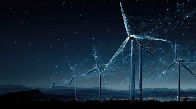Night scene of wind turbines connected by a network of lines against a starry sky